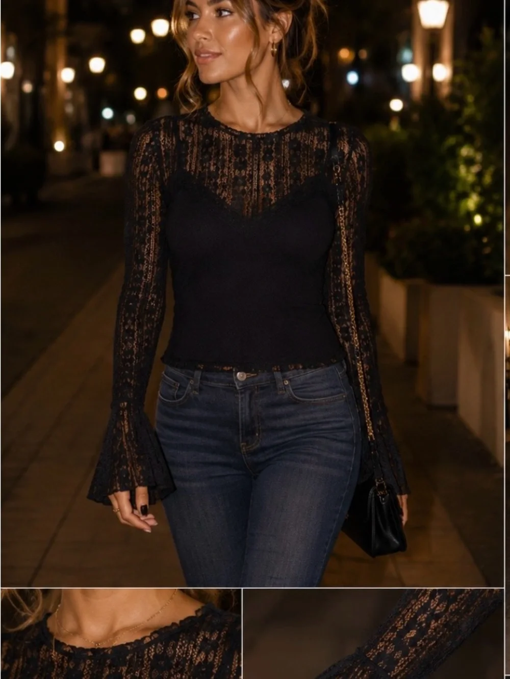 Free People Black Lace Bell Sleeve Mock Neck Mesh Going Out Top XS/S